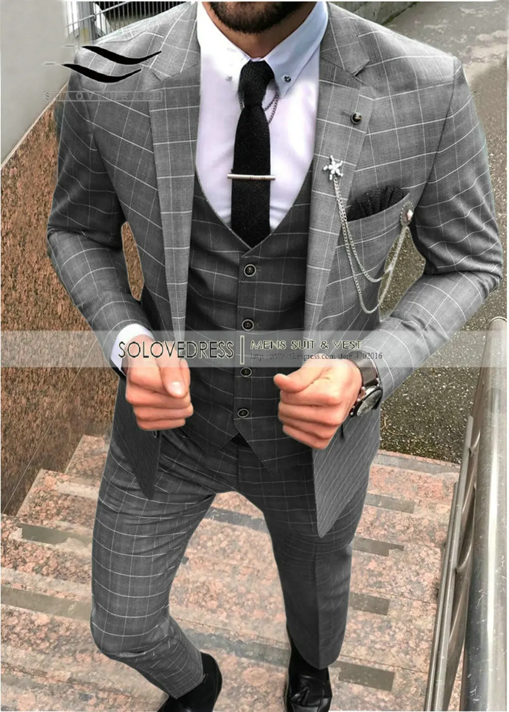 Men\'s Plaid Suits Slim Fit Prom Tuxedos 3 Piece Solid Notch Lapel Tuxedos For Wedding Grooms(Blazer+vest+Pants) Blue/Champagne