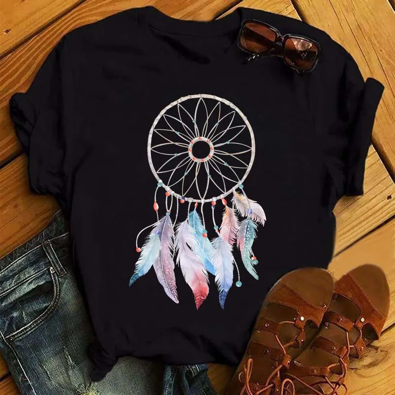 Maycaur Women Summer Short Sleeve Dreamcatcher Feather Fashion Print Lady T-shirts Top T Shirt Ladies Womens Graphic Tee T-Shirt