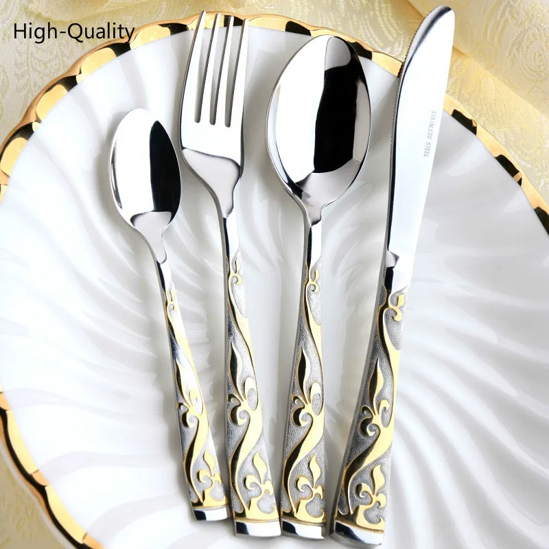 

High Quality vintage western gold plated dinnerware dinner fork knife set golden cutlery set stainless steel engraving tableware