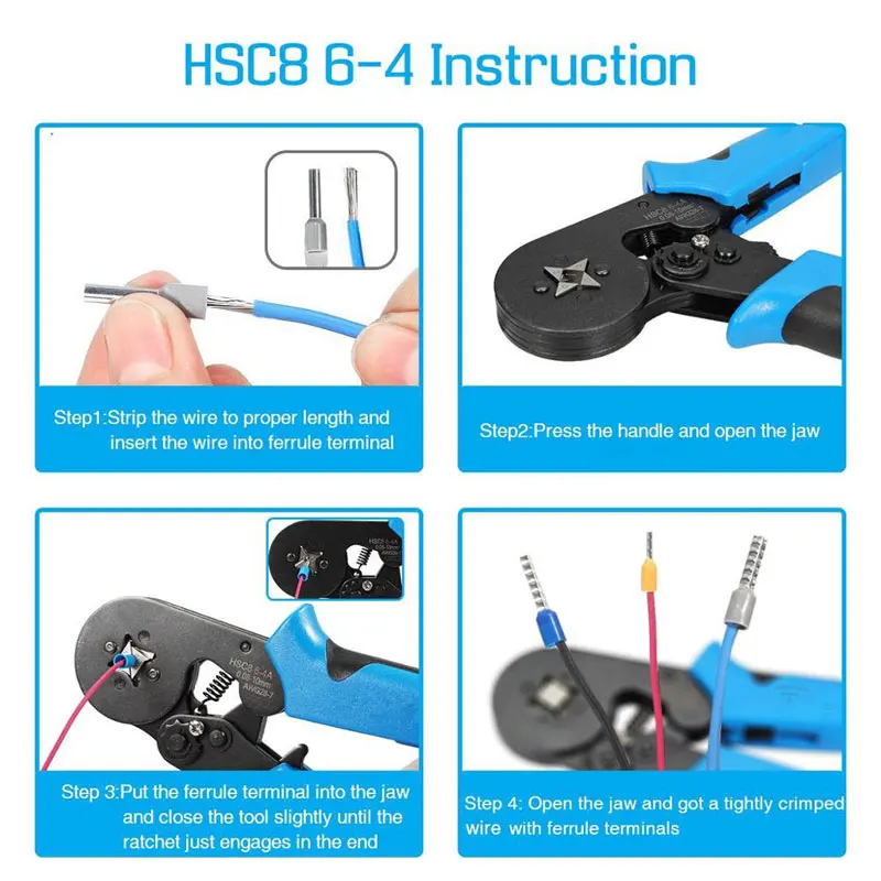 HSC8 6-4 0.08-10mm² Crimping Pliers Wire Stripper Crimper Ferrule Tube Type Needle Self-Adjusting Hand Pliers 1200 Terminals Kit