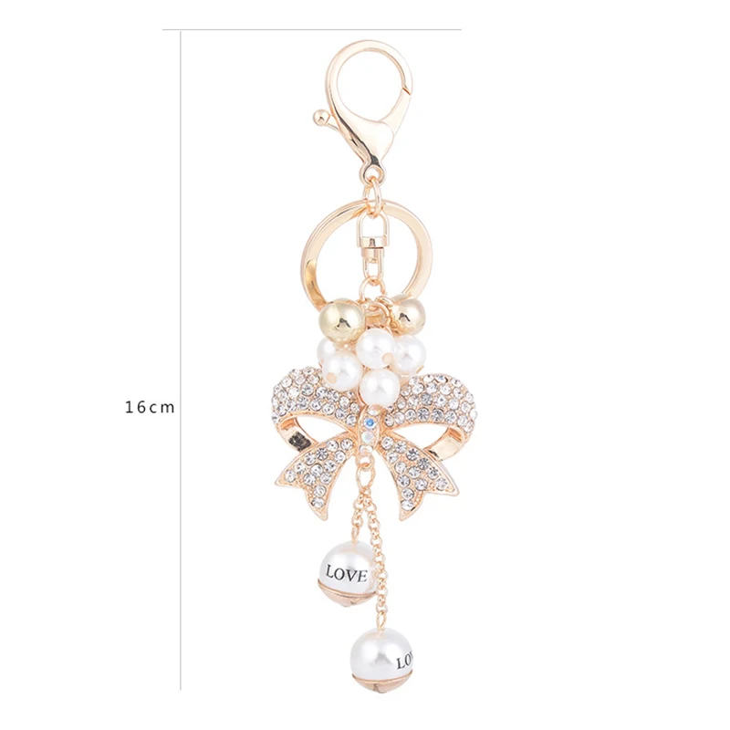 Exquisite Woman Jewelry Imitation Pearls Beads Crystal Alloy Bow Chain Keychain Car Trinke Bag Pendant Girl Gift Keyring