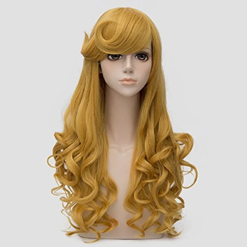 Princess Aurora Wig Long Golden Wavy Styled Bangs Heat Resistant Synthetic Hair Cosplay Costume Wigs + Wig Cap