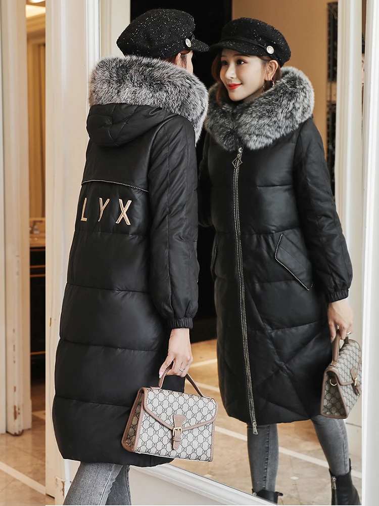 2023 New Tide Winter Women Leather Hooded Down Jacket Female Fashion Fox Fur Collar Thick Parkas Long Overcoat Sheepskin Coats