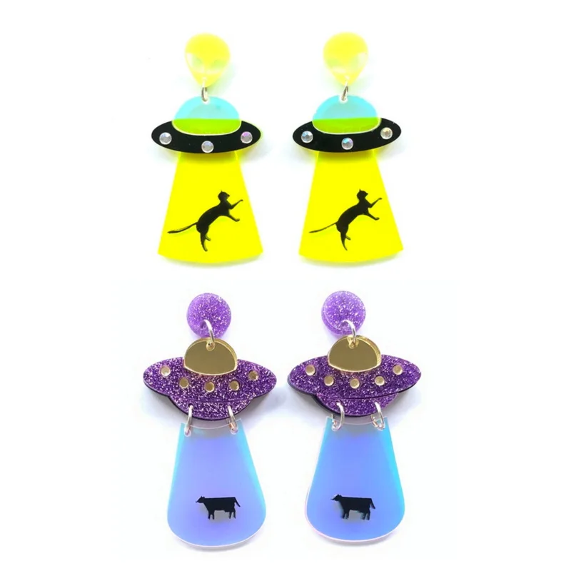 Trendy Universe Alien UFO Acrylic Stud Charm Earrings For Women Funny Color Transparent Spaceship Saucerman Charm Eardrop