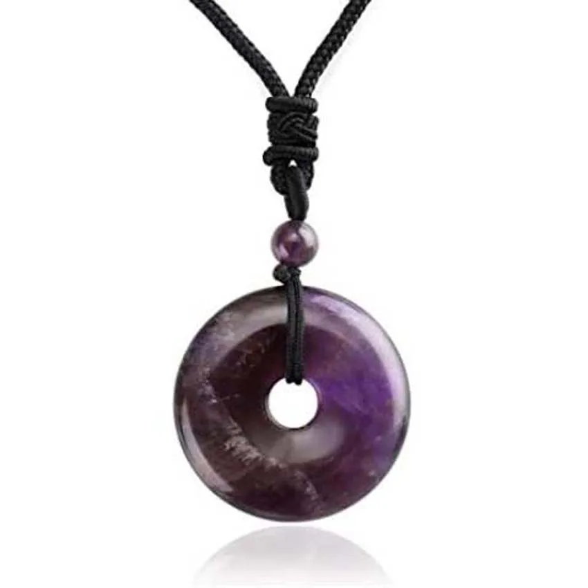 30mm Circle Donut Crystal Quartz Necklace For Women Men Natural Amethyst Stone Amulet Lucky Coin Donuts Pendant Adjustable Rope