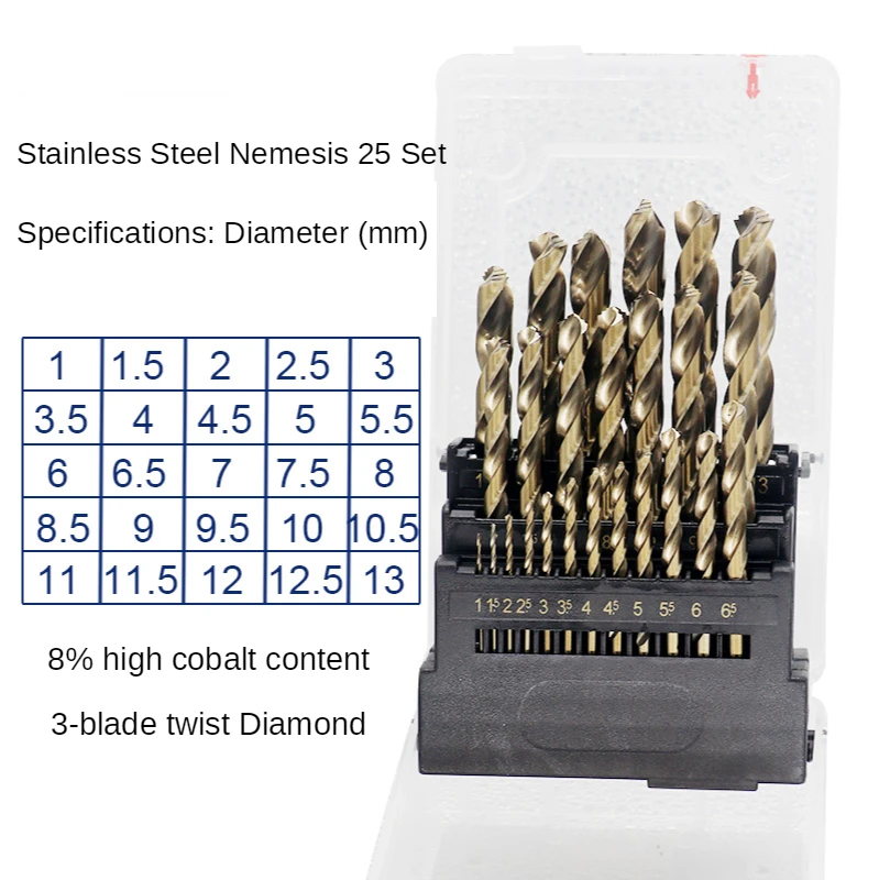25pcs HSS Twist Drill Bit Set M42 High Speed Steel 8% Cobalt Drill Bits Copper Aluminum Iron Wood Stainless Steel Metal Drill