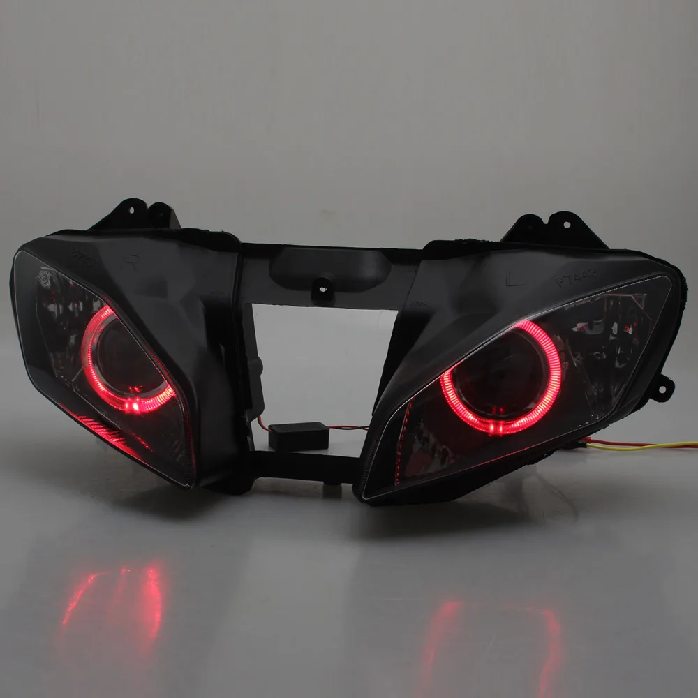 Red Angel Eyes Motorcycle Headlamp Assembly Custom Headlight HID Projector Conversion LED For Yamaha YZF R6 2008-2015