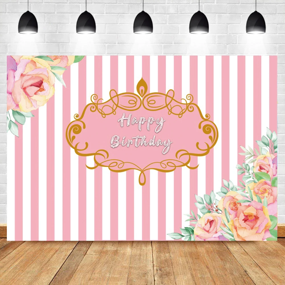 Laeacco Pink White Stripes Happy Birthday Banners Poster Customize Princess Backdrop Flowers Photography Background Photo Studio