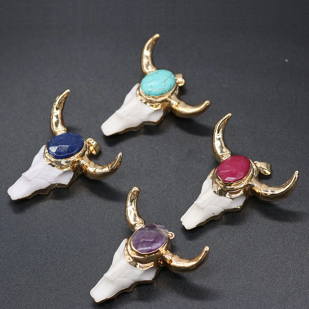 Colgante Vintage étnico de calavera de Toro, hueso de vaca y amatistas, lapislázuli, dijes colgantes para la fabricación de joyas, collar DIY, 46x46mm