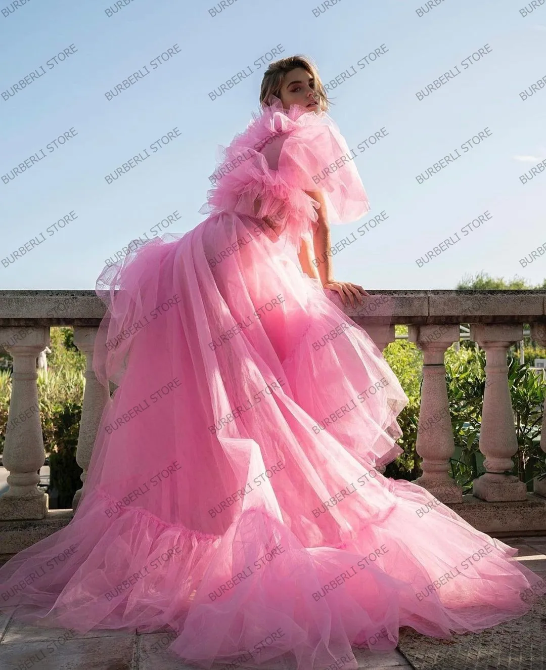 Fashion Pink High Low Tulle Ruffles Party Dresses Women Long Prom Gowns Pretty Lace Up Birthday Party Gown Vestido De Mujer