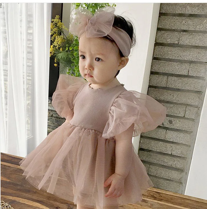 3-24 Months Princess Short Sleeve Romper Summer New Korean Baby Girl Bodysuit Toddler Infant Sleeve Puffy Tulle Dress KF527