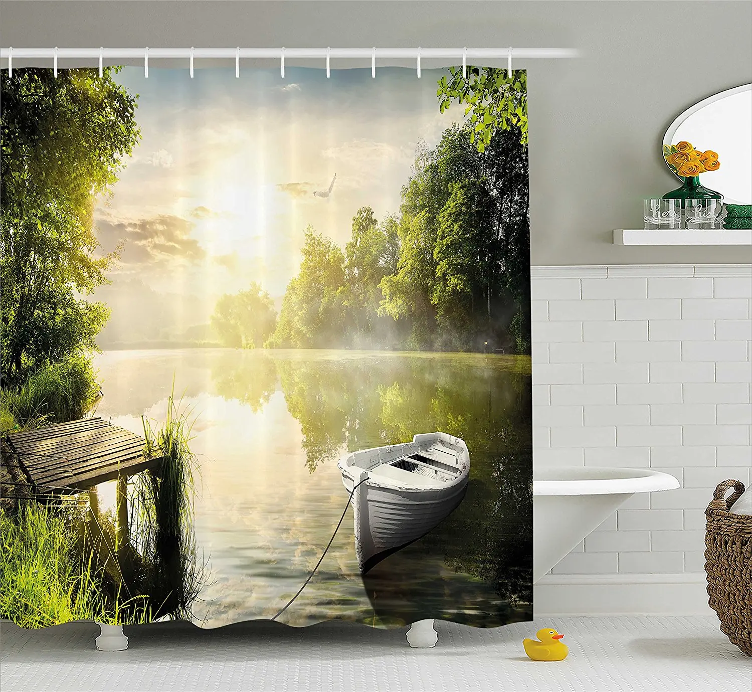 Nature Shower Curtain Boat By The Foggy Lake Deck Dreamy Forest In The Morning Country Style Image 75 Inches Long