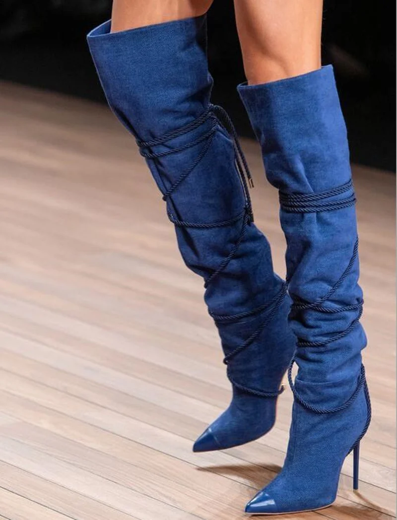 Stylish Blue Denim Over The Knee Boots Cross Strap Lace-up Jean Tight High Boots Pointed Toe Thin Heels Party Dress Shoes