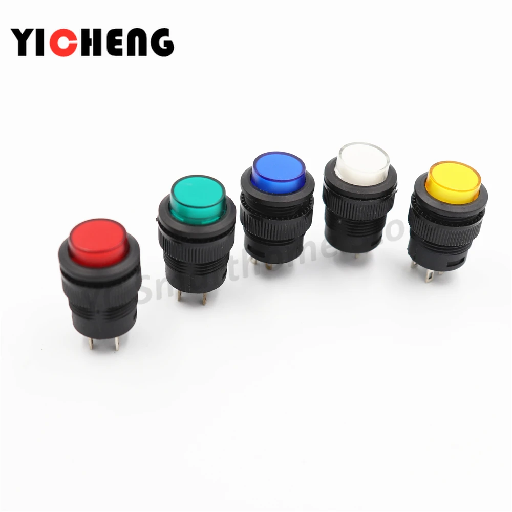 5Pcs R16-503 key button switch with light jog reset self-locking switch round 4 Pin 2 Pin 16MM With light  LED 3V