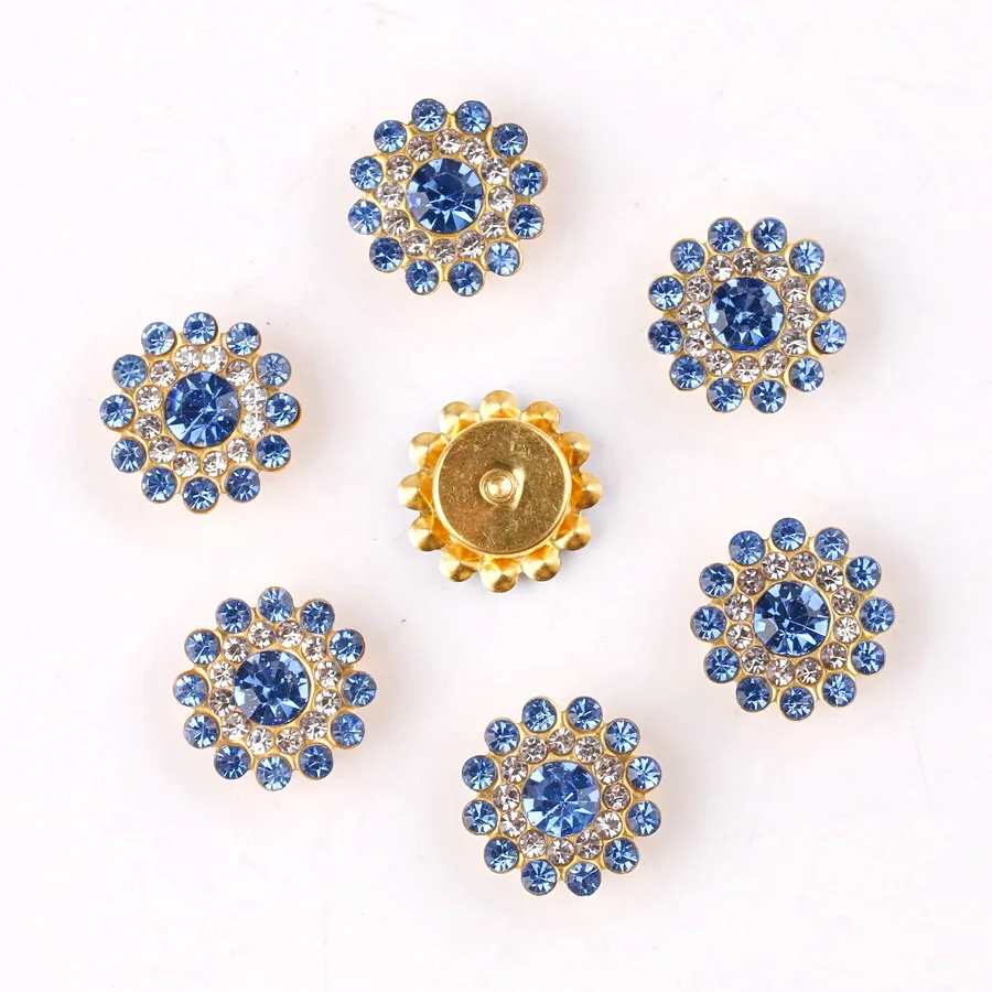 14mm Blumenförmige runde Glaskristall-Strasssteine mit goldener Basis, flache Rückseite zum Aufnähen, Strassperlen, DIY-Verzierung – Detail 6