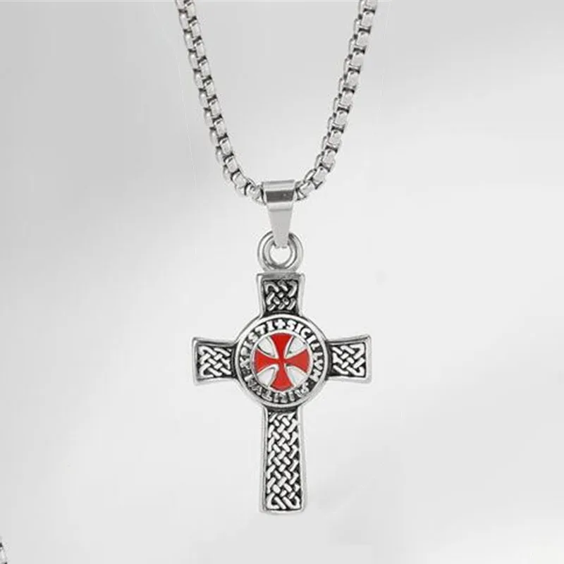 Vintage Punk Templar Red Knight Cross Pendant Necklace for Men Ten Amulet Jewelry