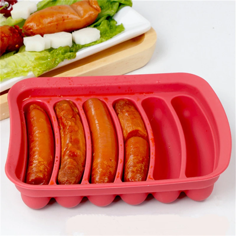 Molde para hacer salchichas de cocina, 6 rejillas de silicona, bricolaje, jamón, perro caliente, molde para hacer salchichas domésticas, herramientas para hornear pasteles, moldes con tapa