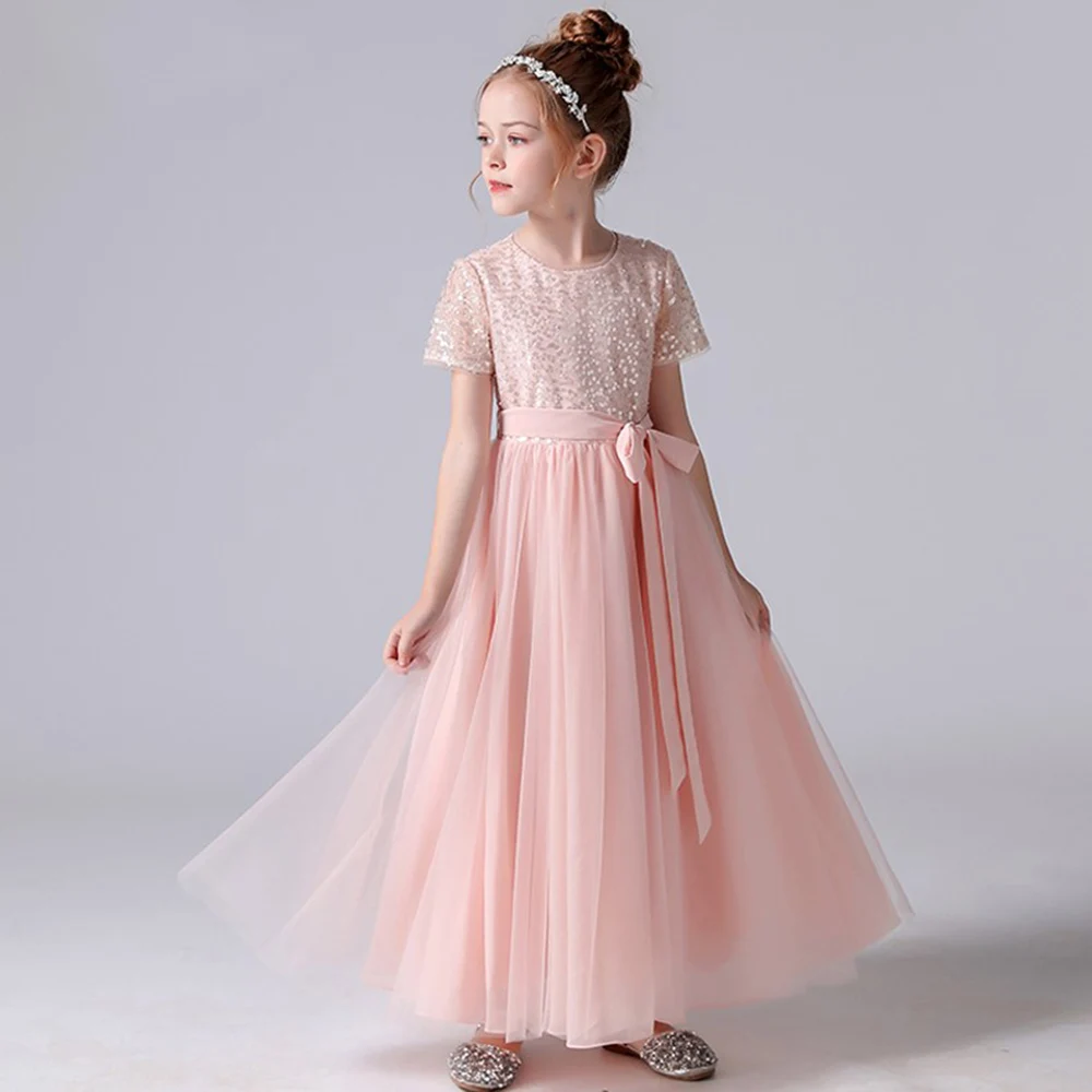 DIDEYTTAWL Pink Sequined Flower Girl Dresses Tulle Junior Bridesmaid Dress Kids Wedding Birthday Party Pageant Gowns