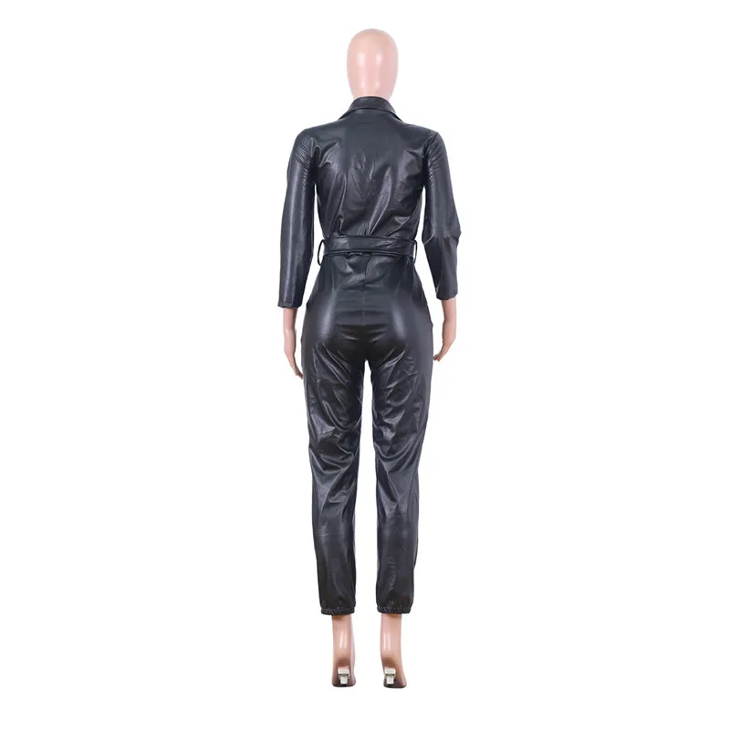 Sexy PU Leather Long Sleeve Jumpsuit Women Fall Winter Gothic Bandage Belt Overall Plus Size Streetwear Bodycon Black Rompers