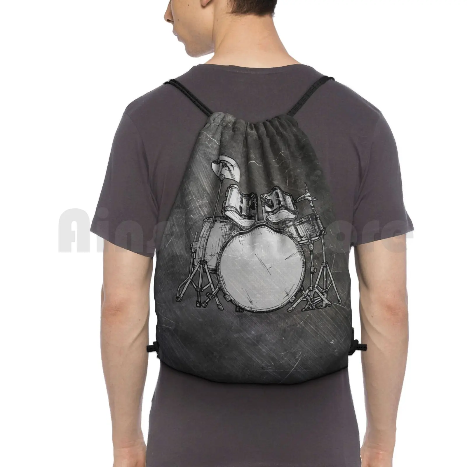 Just Drum-Grey On Scratched Background-Digital Paint By Iona Art Digital Backpack Drawstring Bags Gym Bag Waterproof Drum