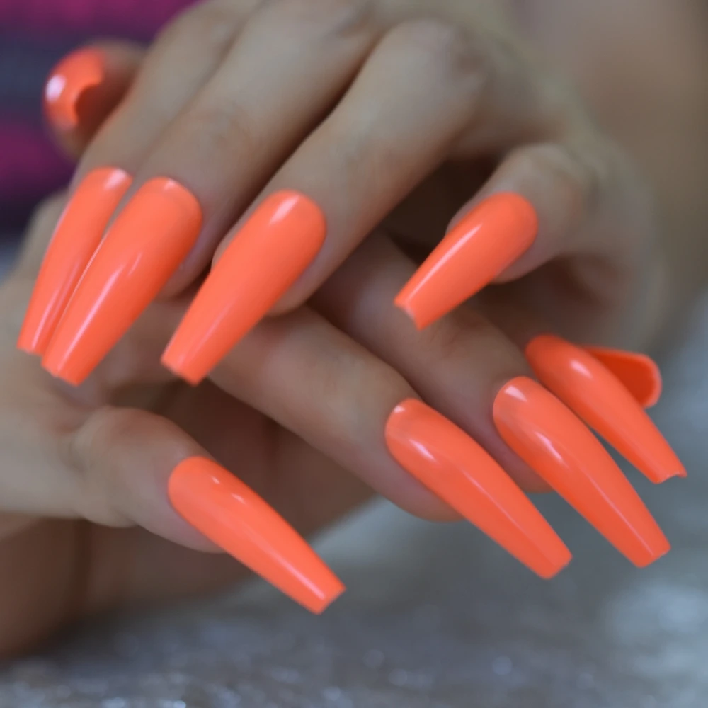 24pcs Orange Coffin False Nail Extra Long Full Cover Sculpted Ballerina Acrylic Fake Nails Fingernail Tips Manicure Charms