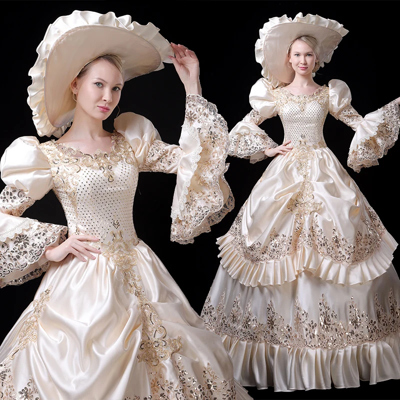 

Beige Costumes European-style Court Clothes Elegant Retro Lady Party Dress Group Party Show Catwalk Women Theater Costume