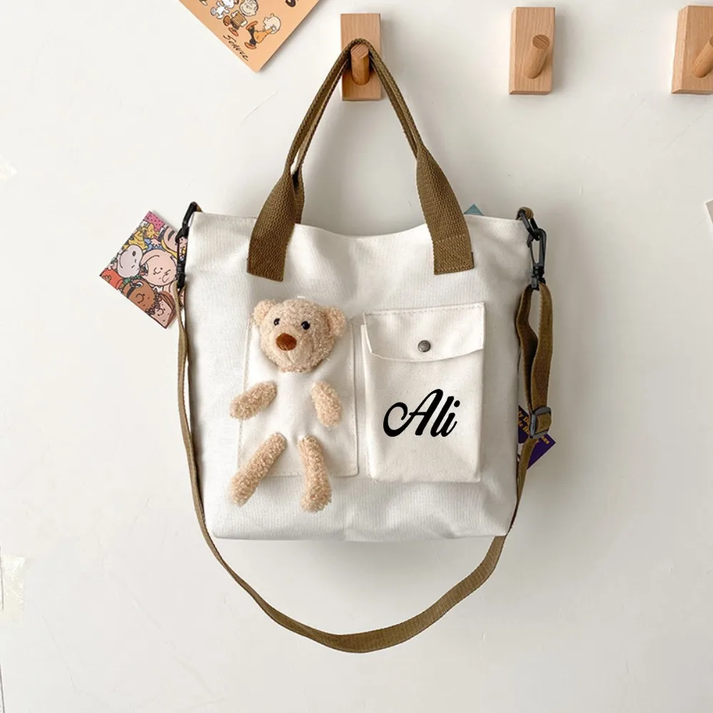 Personalised Bear Tote Bag Shopping Bag Black Handbag Birthday Gift Custom Your Name Shoulder Bag Messenger Bag Canvas Tote Bag