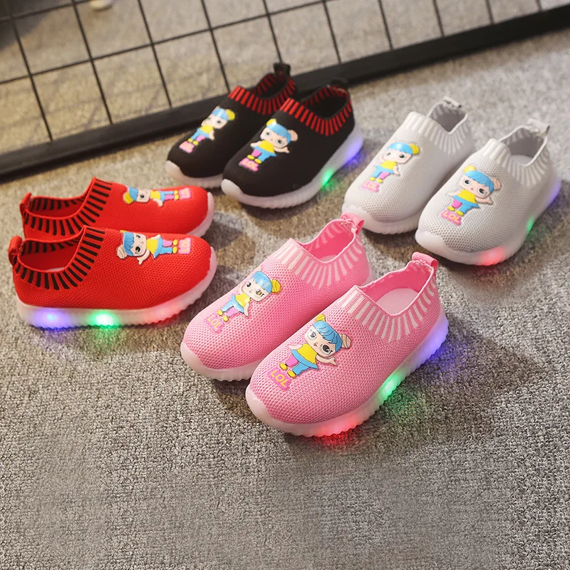 LED Toddler & Children Shoes Air Mesh Breathable Soft Bottom Little Kids Sneakers Baby Girls Sports Casual Shoes Size 21-30