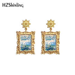 2020 New Water Lily Earring Monet Flower Painting Drop Earrings Mandala Charm Vintage Glass Dome Jewelry