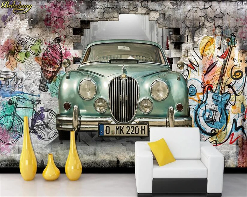 

Custom 3d wallpaper mural vintage car hand-painted graffiti wall 3D stereo wall-through tooling restaurant bar background wall