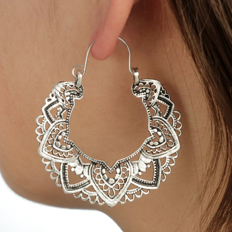 Tocona Vintage Antique Silver Color Carving  Drop Earrings for Women Ethnic Alloy Piercing Dangle Earrings Jewelry pendient4313