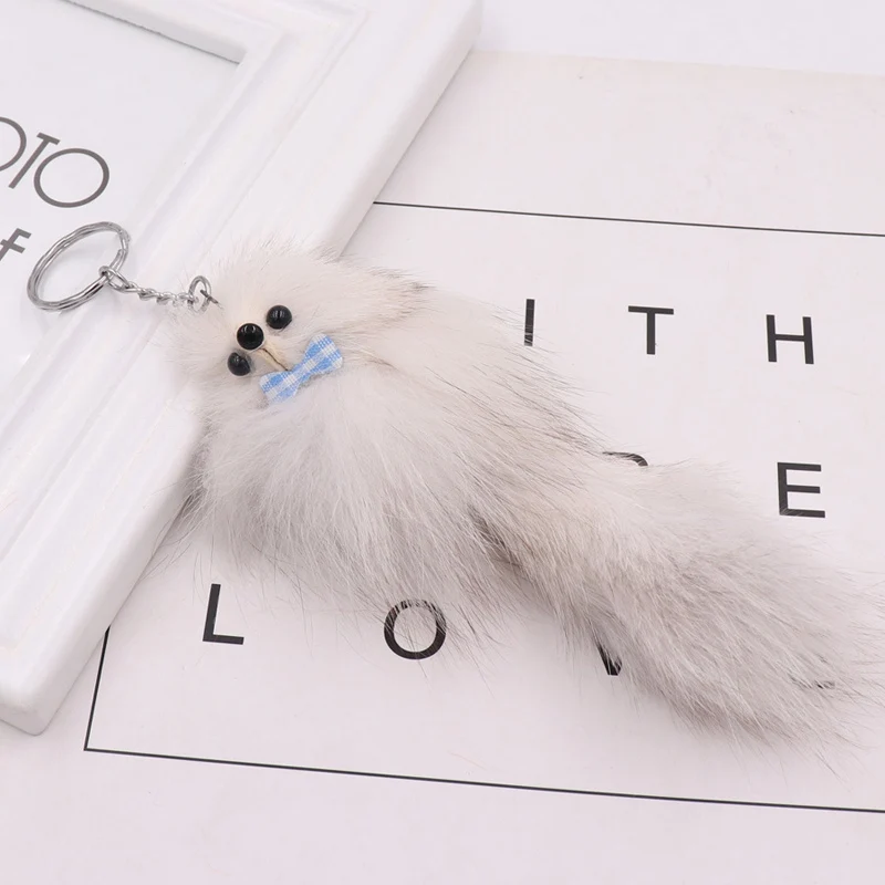 16CM Fluffy Natural Real Fur Fox Key Chain Women Cute Girls Plush Pompon Animal Keychain On Bag Car Trinket Jewelry Party Gift