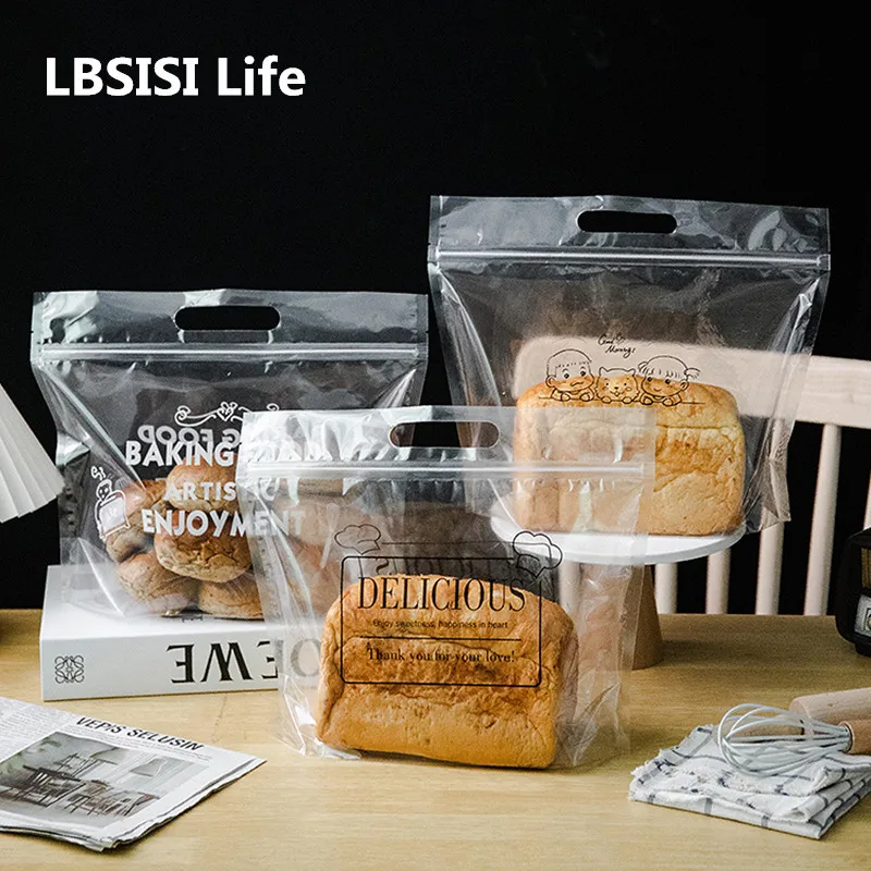 LBSISI Life 50pcs/Lot Transparent Sliced Bread Plastic Bags With Handle Biscuit Candy Cookies Brushed Hand Tear Toast Packaging