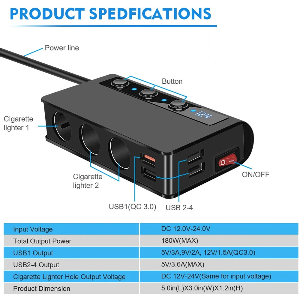 Extractme 180W Cigarette Lighter Splitter Quick Charge 3.0 Car Charger Adapter 12V/24V 4 Port USB Charging Socket For Phone IPad