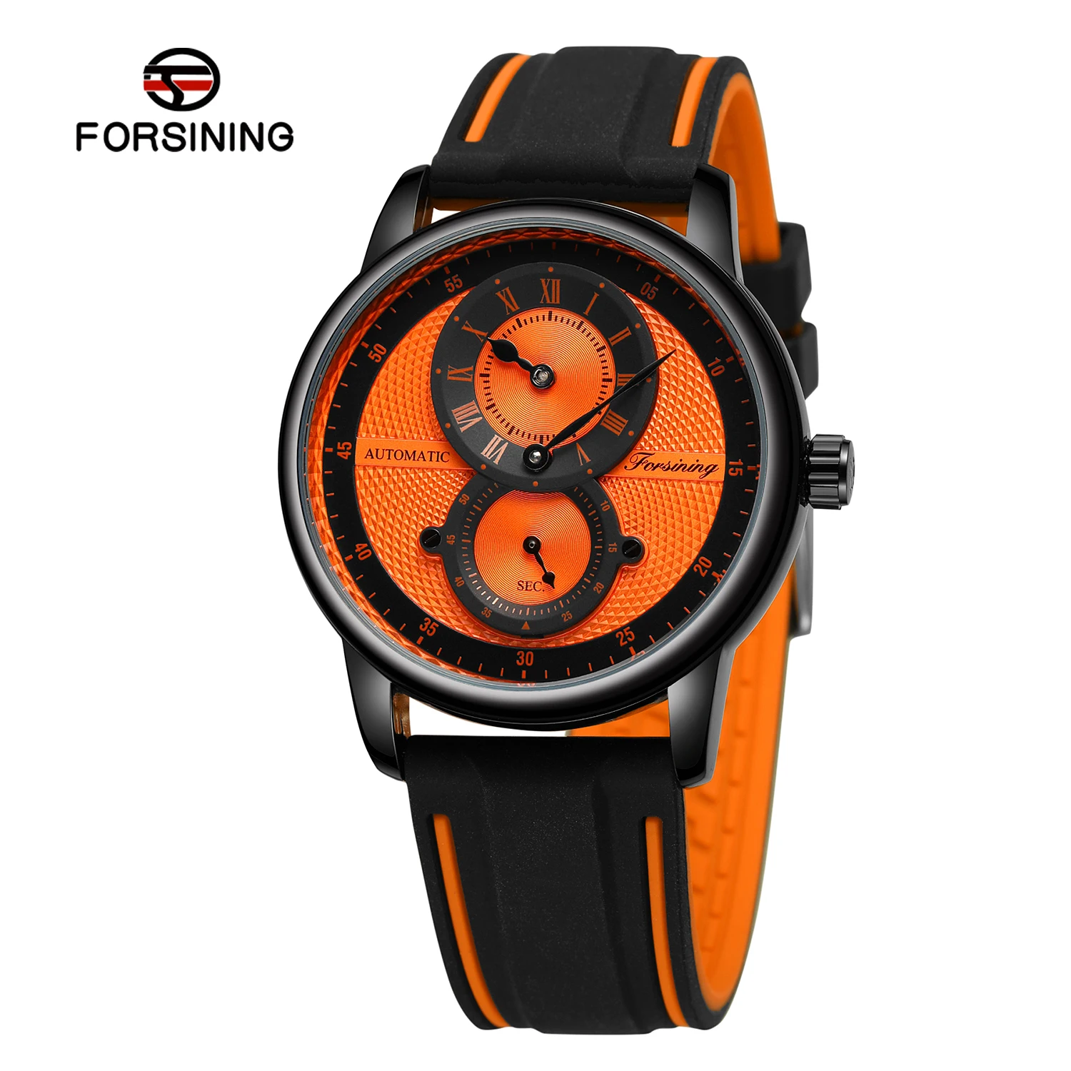 

Forsining Double Eyes Three Needles Casual Sports Men's Automatic Mechanical Watch with Orange Silicone Strap