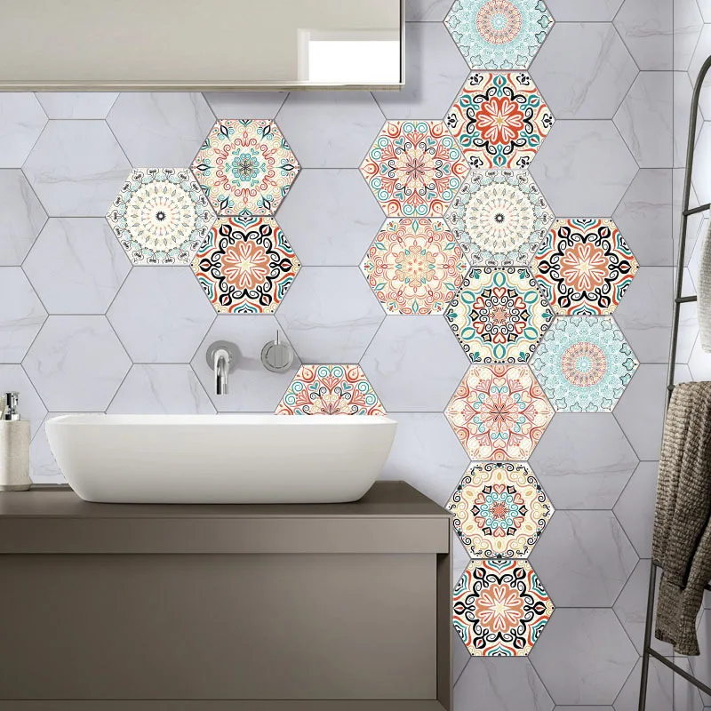 Hexagonal Mandala Style Ceramics Tile Stickers Kitchen Bathroom Self Adhesive Waterproof Wall Sticker Mural Peel & Stick