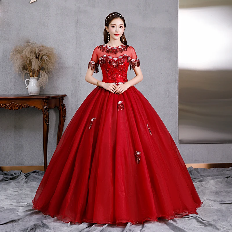 2022 Elegent 와인 레드 Tulle Quinceanera 드레스 긴 가장 무도회 드레스 Vestidos 드 15 Anos Applique 페르시 파티 볼 가운