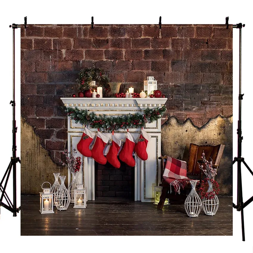 

Mwhofond Merry Christmas Backdrop Fireplace Christmas Stocking Decor Photography Background Props Photo Studio Banner Photozone