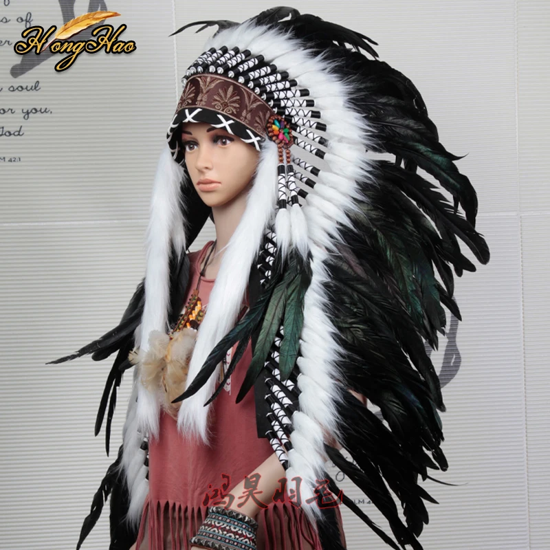 

high indian Feather headdress replica made headpiece black feather costumes halloween party costume supply