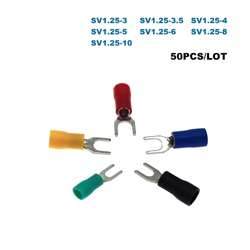 

50Pcs Spade Insulated Furcate Crimp Terminals SV1.25-3/3.5/4/5/6/8/10 Electric Wire Cable Connector Ferrules 0.5-1.5mm2 22-16AWG