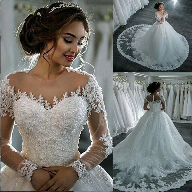 Luxury Rhinestone Lace Long Sleeves Wedding Dresses Lace Appliques Ball Gown Tulle Princess Bride Dress vestidos de novia