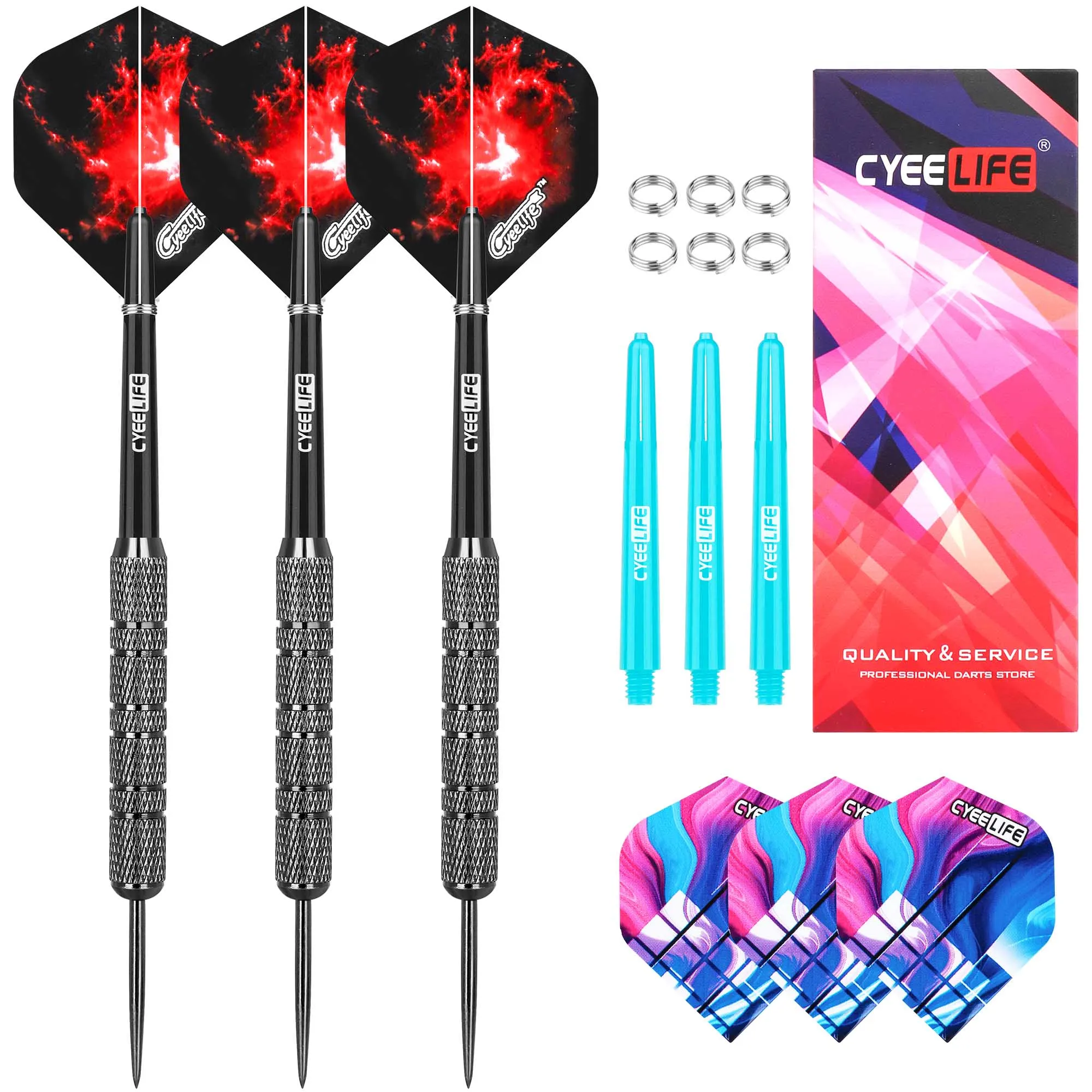 CyeeLife Steel tip darts 20/22/30g With Metal Spring O Rings+6 PVC Shafts+6 Extra Flights,3PCS Home Dart Set for Beginners