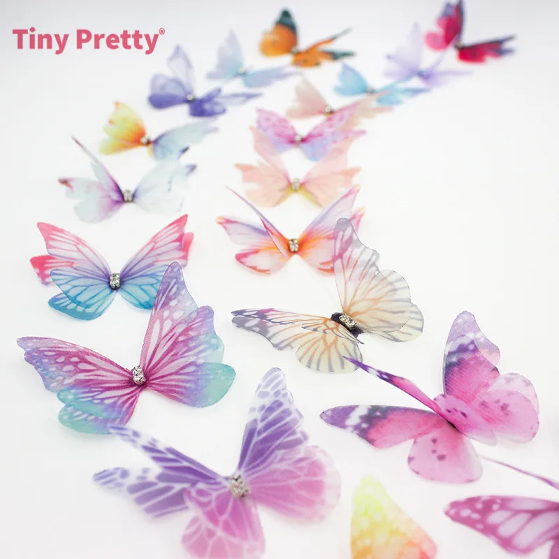 20PCS 3D Organza Butterflies Wedding Silk Butterfly w/ Rhinestone for DIY Jewelry Making, Choker, Earring, Party Decoration