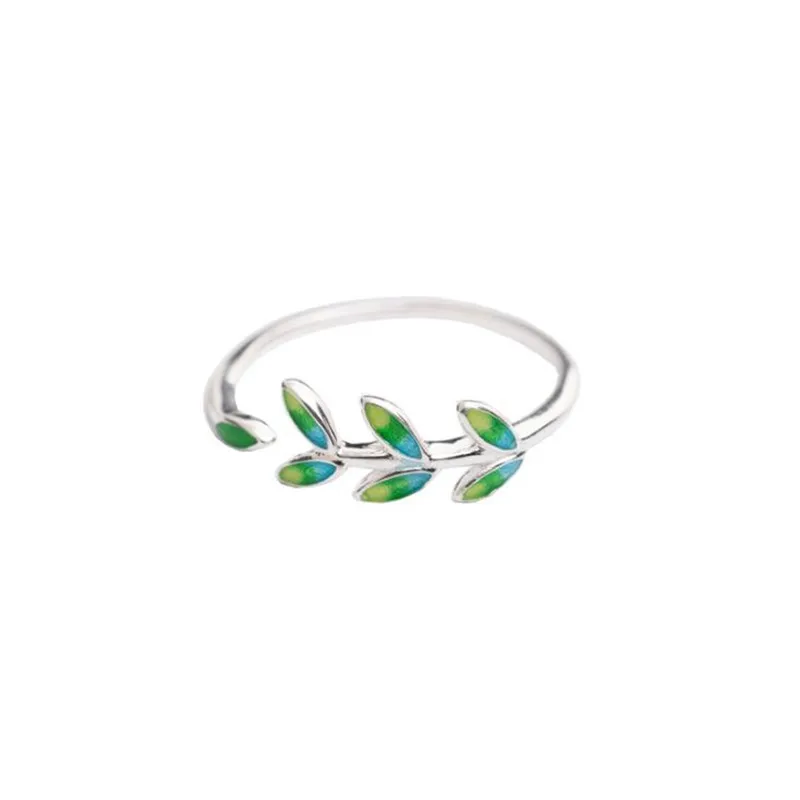 New Arrival Exquisite Green Leaf Epoxy Fashion 925 Sterling Silver Jewelry Atmosphere Creative Leaves Opening Rings R128