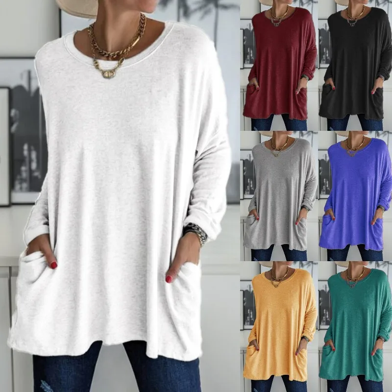 Solid Color Vintage Pocket Oversized T-shirt Female Clothing Fashion Autumn Tunics Basic Y2k Top Women 2021 Long Sleeve T Shirt