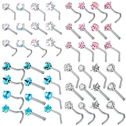 1/2PCS Crystal L shape nose stud set stainless steel zircon heart nose piercing ring star nose piercing stud lot nostril pircing