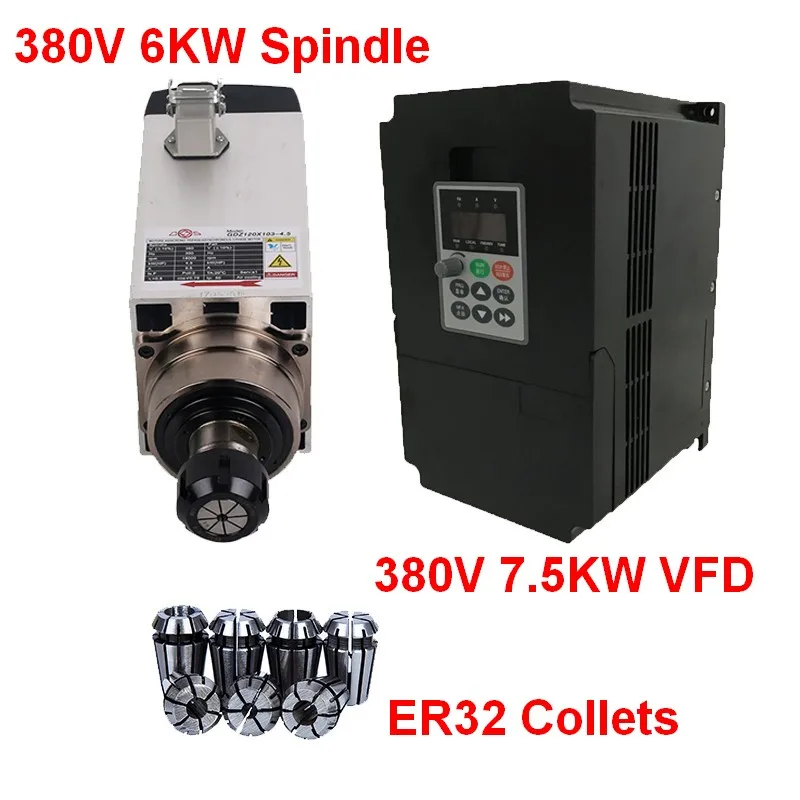 380V 6KW 8HP Square Spindle Motor Air Cooled 4pcs Bearings+7.5kw VFD inverter + ER32 Collet kit for CNC Engraving machine Router