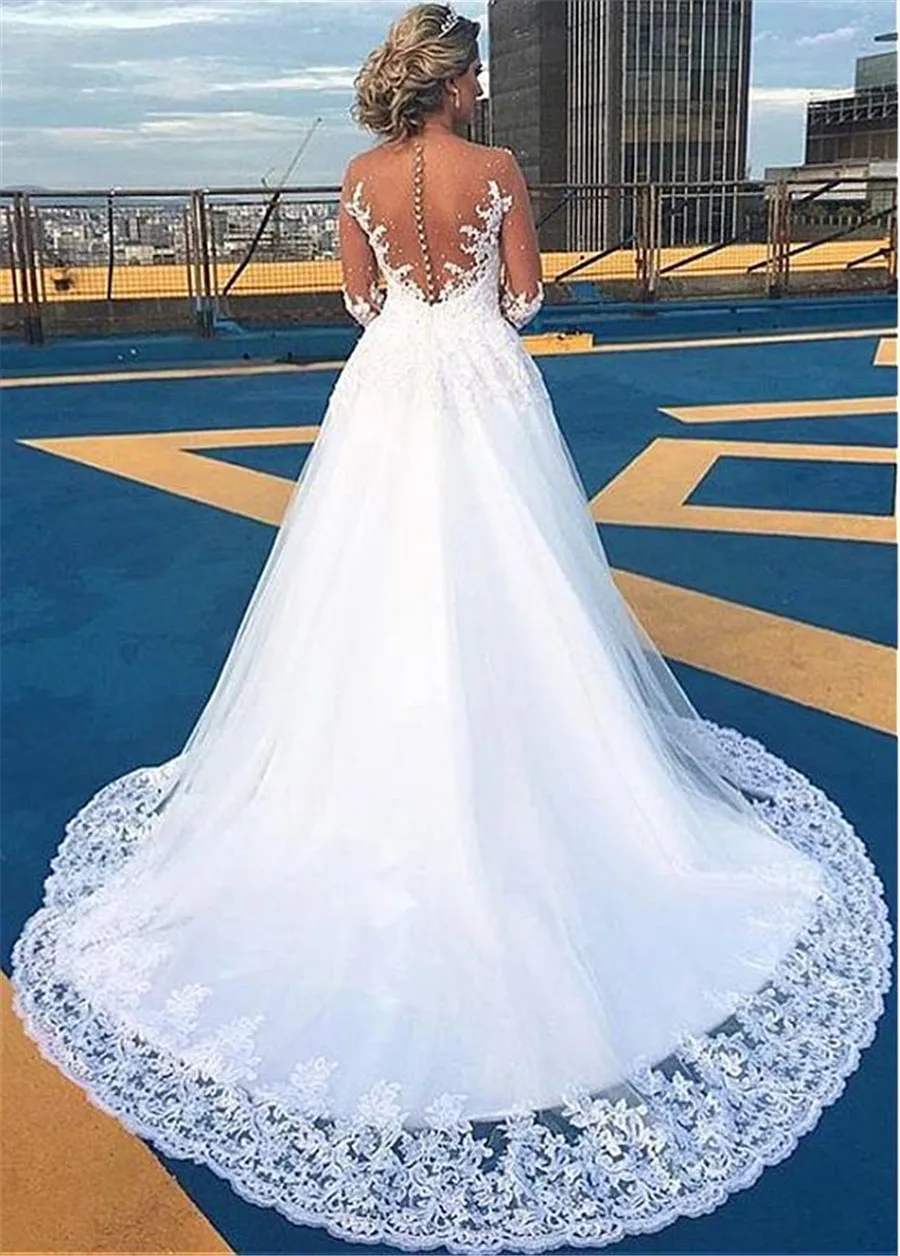 Robe de Mariée en Tulle à Manches sulf, Ligne A, Peau, Dentelle, Appliques, Patients, Sur Mesure, Perles, 2020