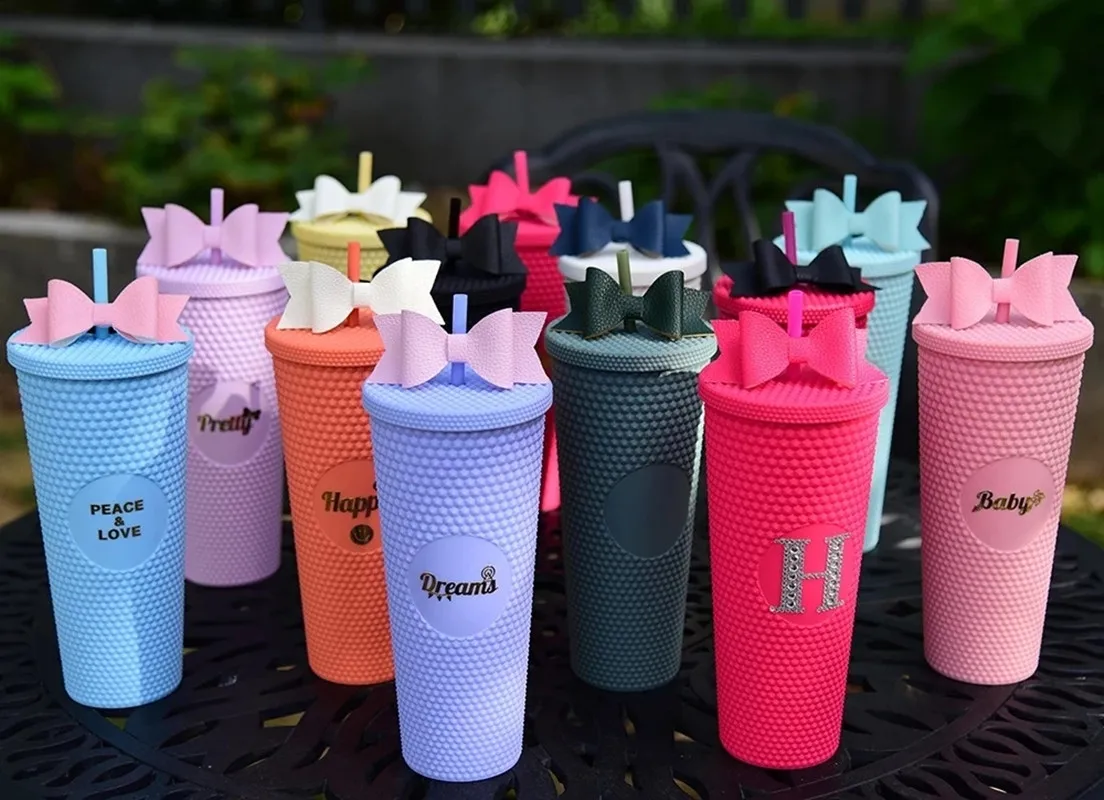 Matte Finish Double Wall DIY 710ml 24oz Noctilucence Plastic Diamond Tumbler Straw Tumbler With Straw No Starbks Logo