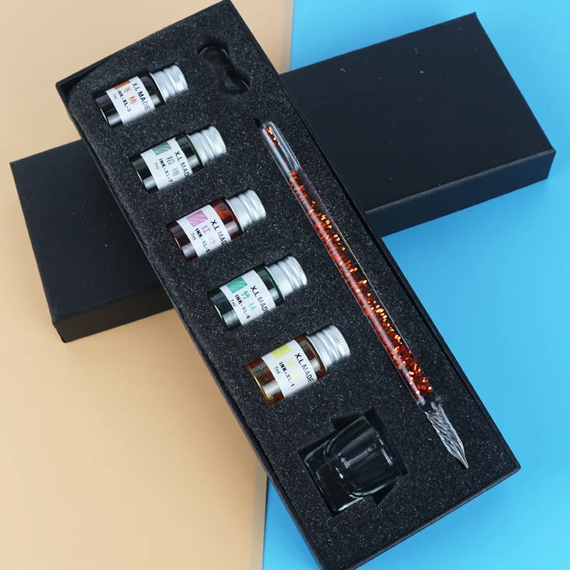 3/8pcs Quicksand Glass Dipped Pen And Ink Set New Fountain Pencil Gold Powder Color Ink Sets Creative Gifts Pencil Box Gift